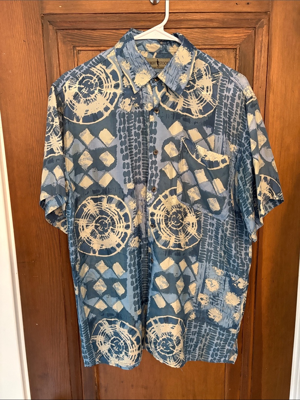 Blue & Cream Short-Sleeve silk Printed Button-Up Shirt